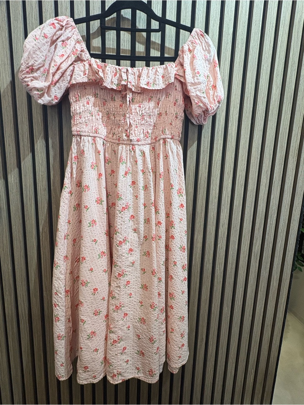 Girls Pink Floral Puff-Sleeve Smocked Dress
